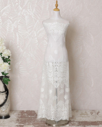 White nylon tulle fabric with same tone embroidery in floral design-D15977