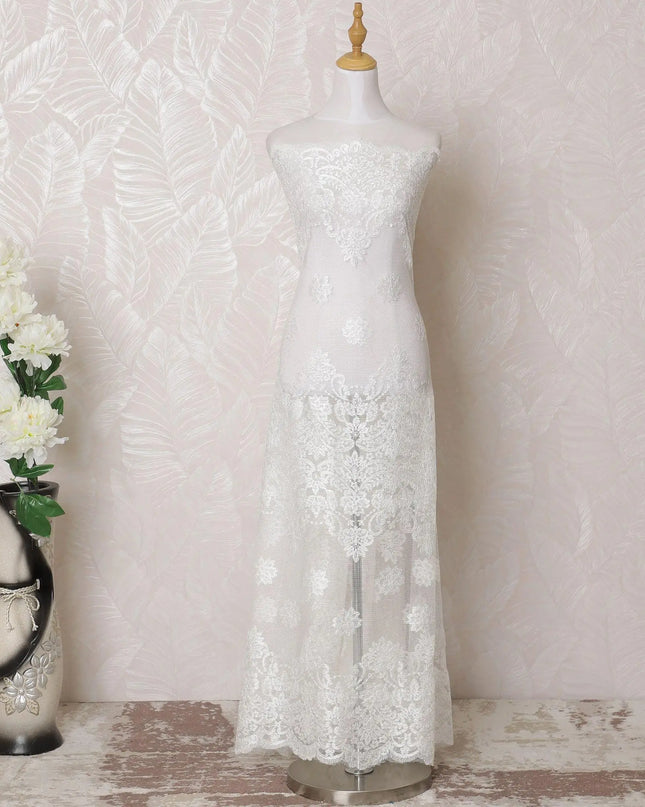 White nylon tulle fabric with same tone embroidery in floral design-D15977 Regal Fabrics