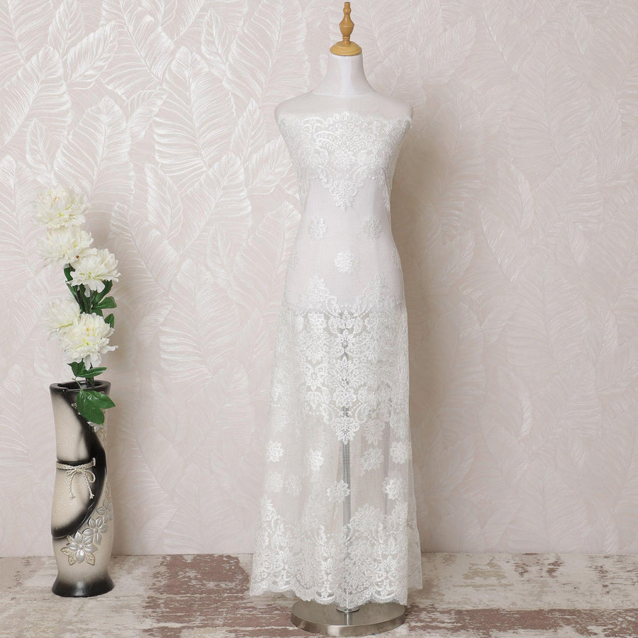 White nylon tulle fabric with same tone embroidery in floral design-D15977
