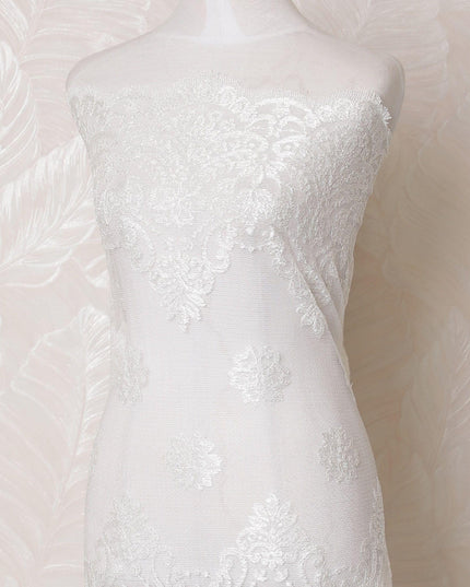 White nylon tulle fabric with same tone embroidery in floral design-D15977