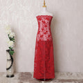 Scarlet red nylon tulle fabric with same tone embroidery in floral design-D15978