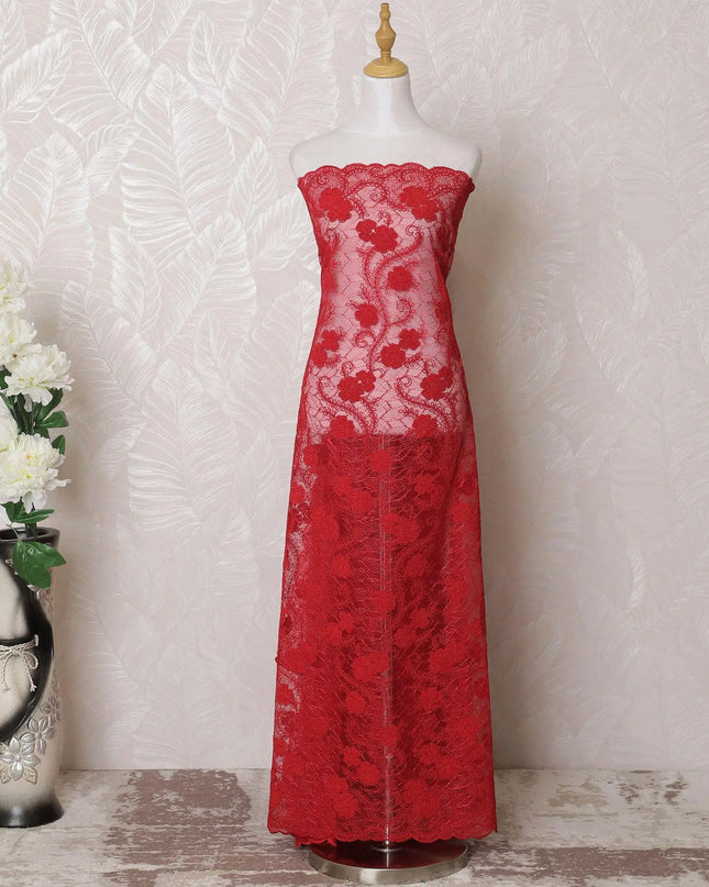 Scarlet red nylon tulle fabric with same tone embroidery in floral design-D15978 Regal Fabrics