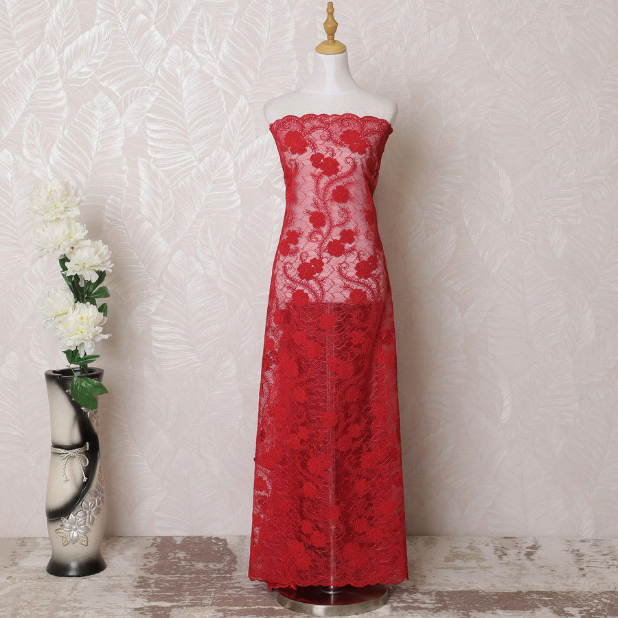 Scarlet red nylon tulle fabric with same tone embroidery in floral design-D15978