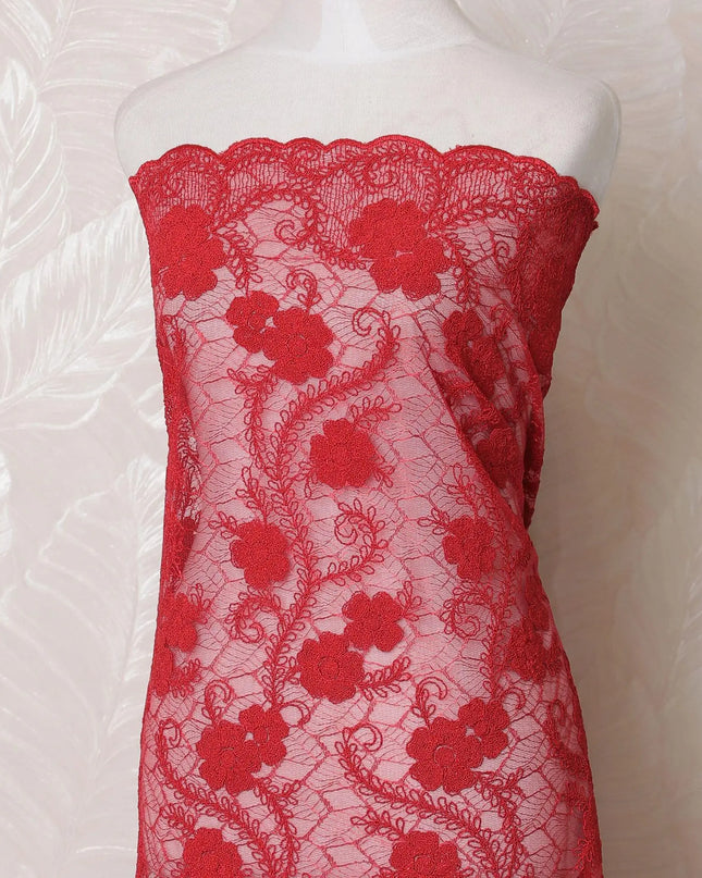 Scarlet red nylon tulle fabric with same tone embroidery in floral design-D15978 Regal Fabrics