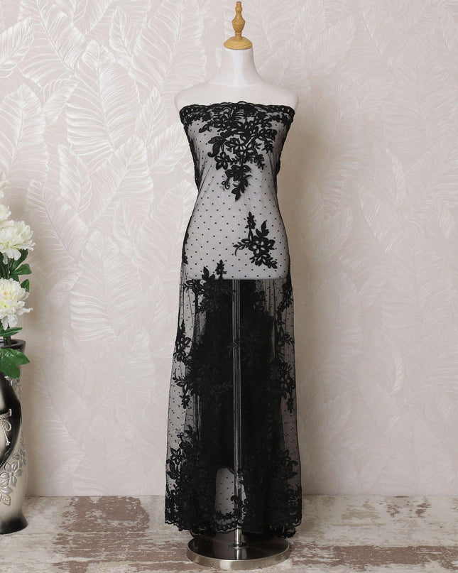 Black nylon tulle fabric with same tone flock embroidery in floral design-D15980
