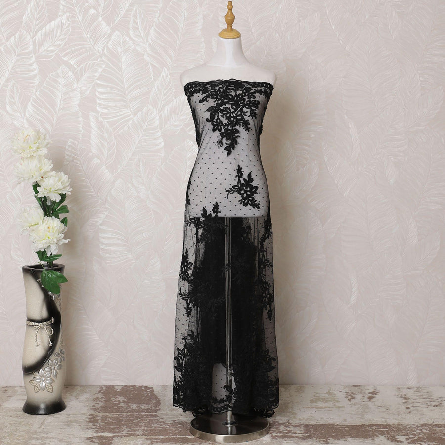 Black nylon tulle fabric with same tone flock embroidery in floral design-D15980