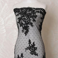 Black nylon tulle fabric with same tone flock embroidery in floral design-D15980