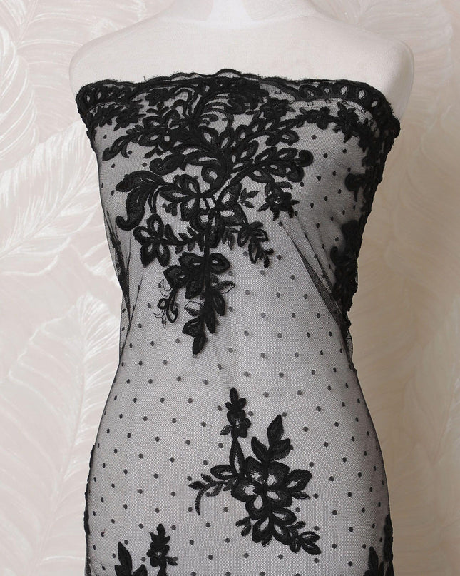 Black nylon tulle fabric with same tone flock embroidery in floral design-D15980