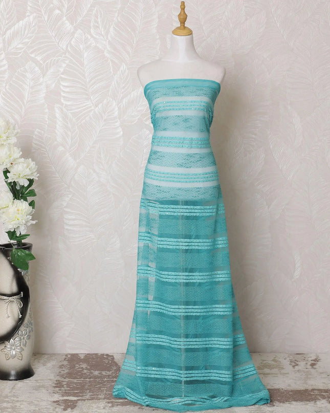Turquoise blue nylon tulle fabric with same tone embroidery and sequins in stripe design-D15981 Regal Fabrics