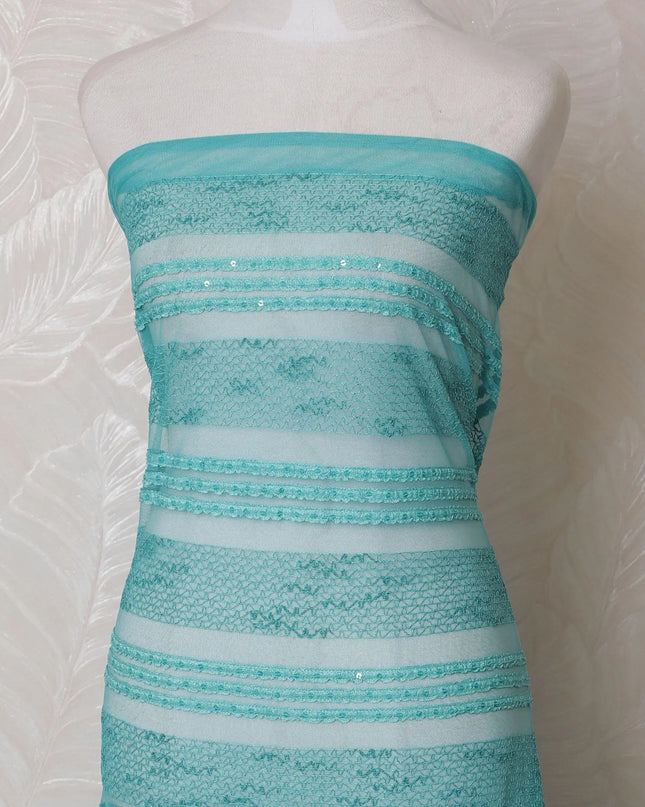 Turquoise blue nylon tulle fabric with same tone embroidery and sequins in stripe design-D15981 Regal Fabrics
