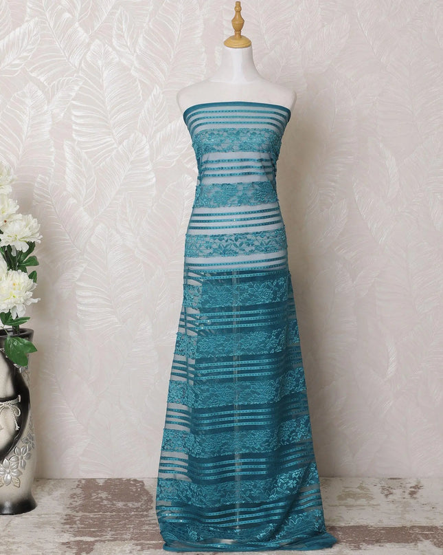 Teal blue nylon tulle fabric with same tone embroidery and sequins in stripe design-D15982 Regal Fabrics