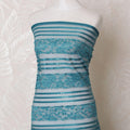 Teal blue nylon tulle fabric with same tone embroidery and sequins in stripe design-D15982