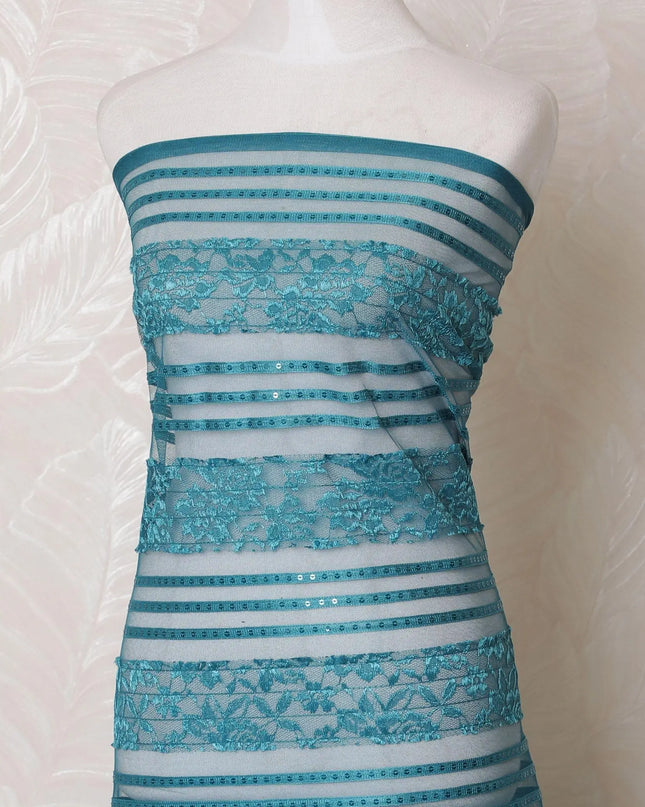 Teal blue nylon tulle fabric with same tone embroidery and sequins in stripe design-D15982 Regal Fabrics