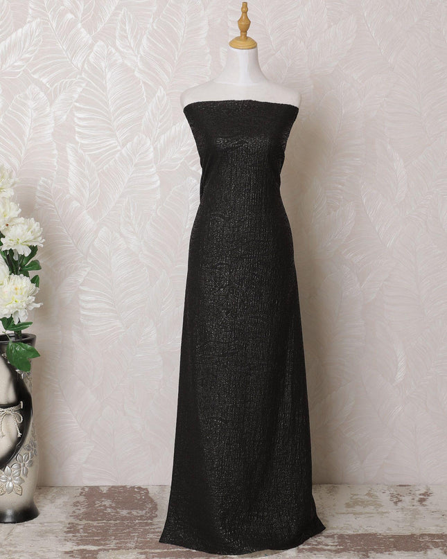 Black synthetic stretchable brocade fabric with same gold metallic shine in self design-D15983