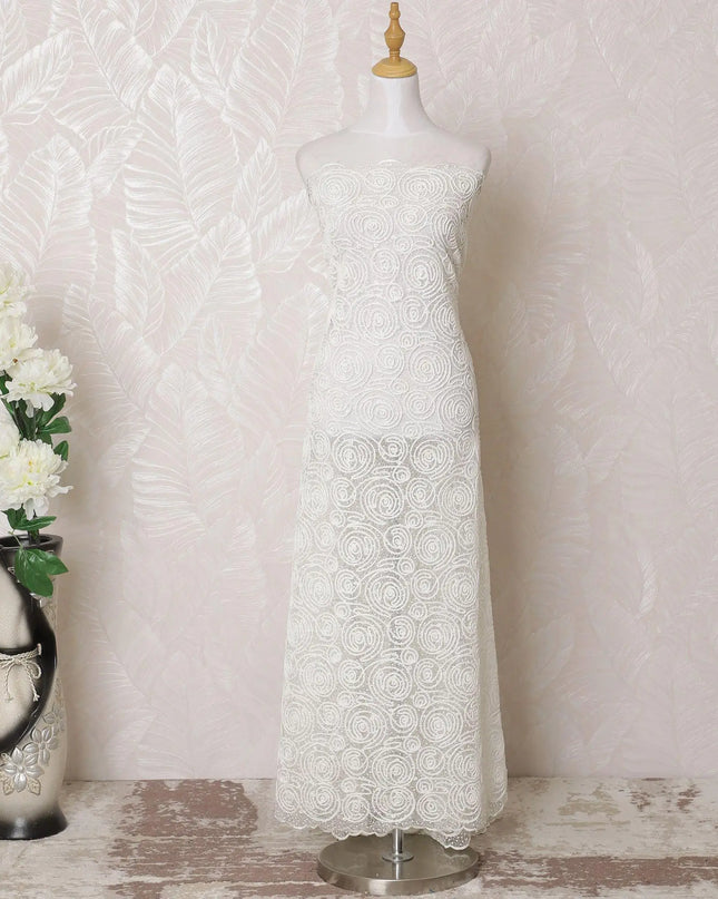 Off white nylon tulle fabric with same tone flock embroidery in fancy design-D15984 Regal Fabrics