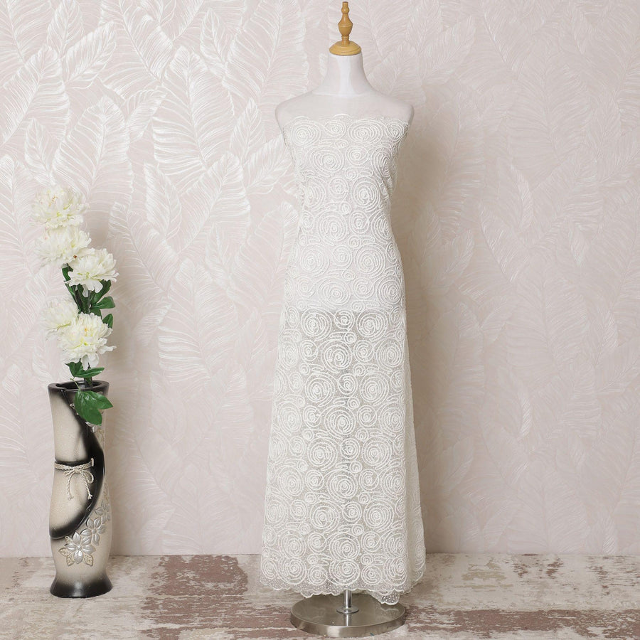 Off white nylon tulle fabric with same tone flock embroidery in fancy design-D15984