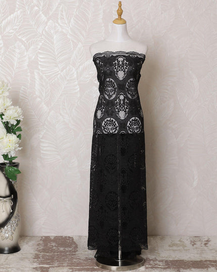 Black guipure fabric with same tone embroidery in fancy design-D15986