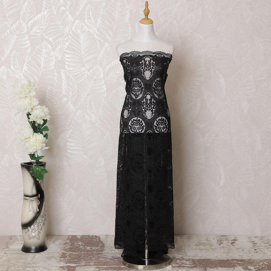 Black guipure fabric with same tone embroidery in fancy design-D15986