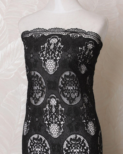 Black guipure fabric with same tone embroidery in fancy design-D15986