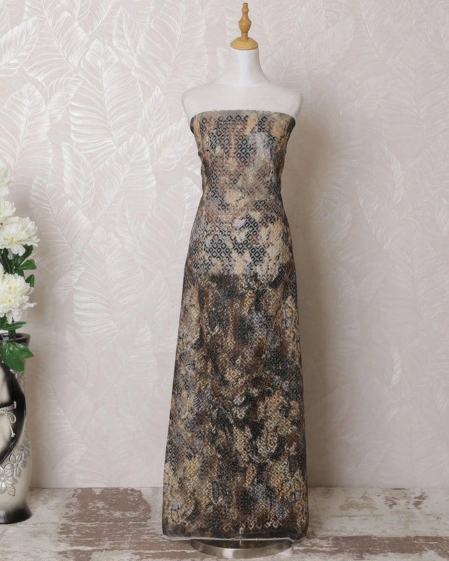 Multicolor synthetic organza fabric with same tone embroidery in geometric design-D15991 Regal Fabrics