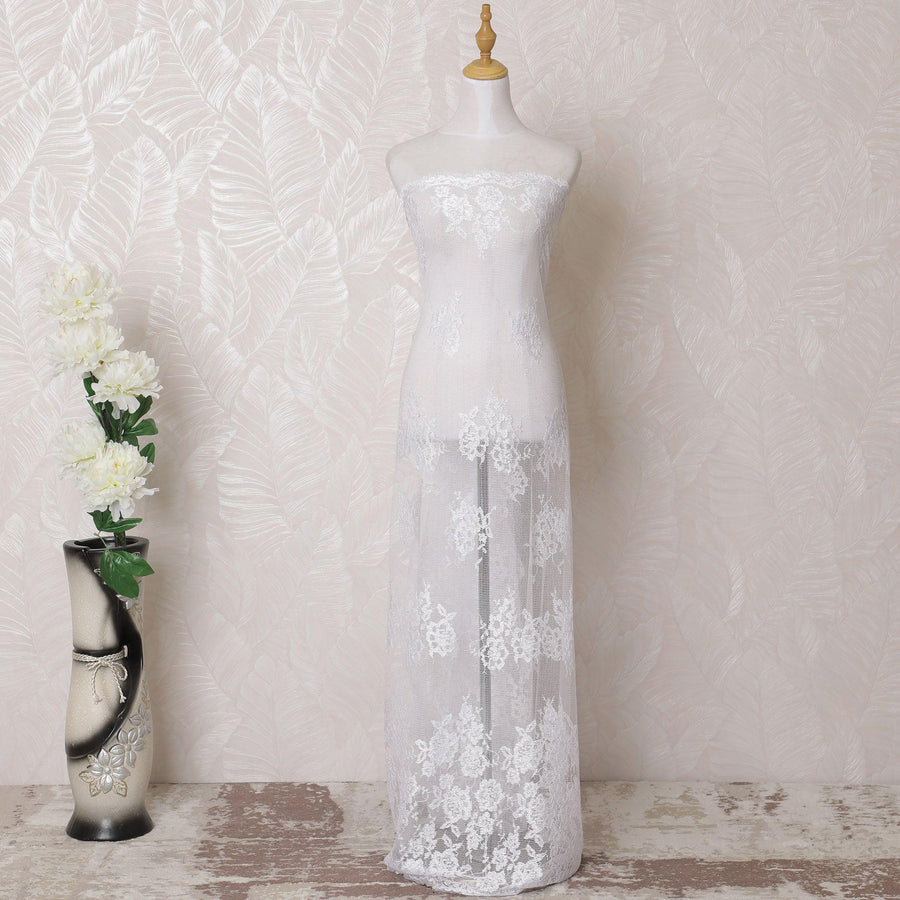 White lace fabric with same tone embroidery in floral design-D15994