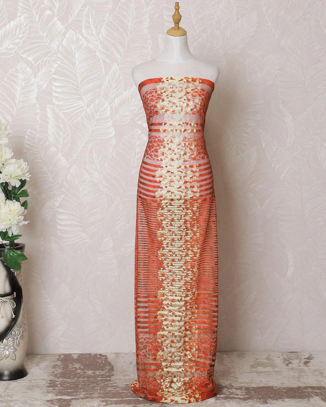 Orange nylon tulle fabric with beige print in fancy design-D15996 Regal Fabrics