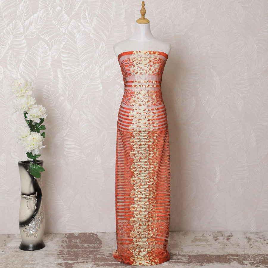 Orange nylon tulle fabric with beige print in fancy design-D15996