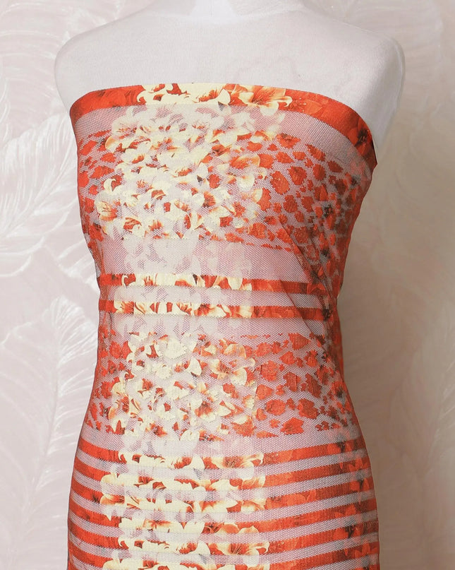 Orange nylon tulle fabric with beige print in fancy design-D15996 Regal Fabrics
