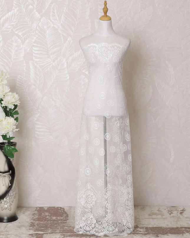 White lace fabric with same tone embroidery in geometric design-D15997 Regal Fabrics