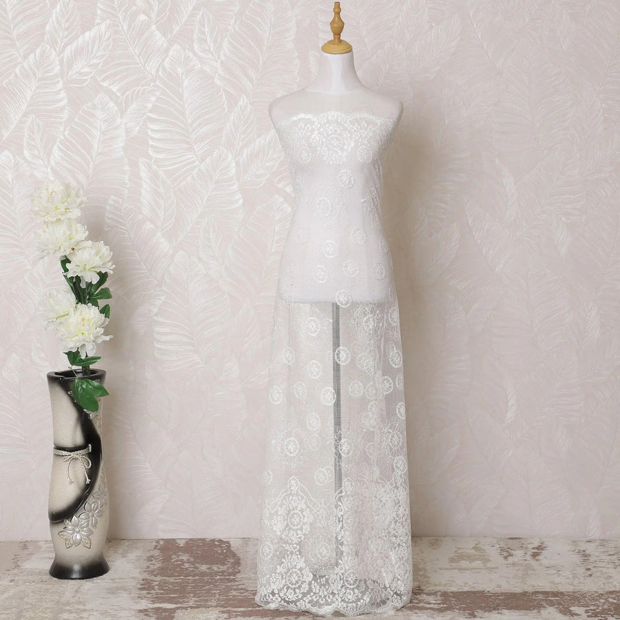 White lace fabric with same tone embroidery in geometric design-D15997 Regal Fabrics