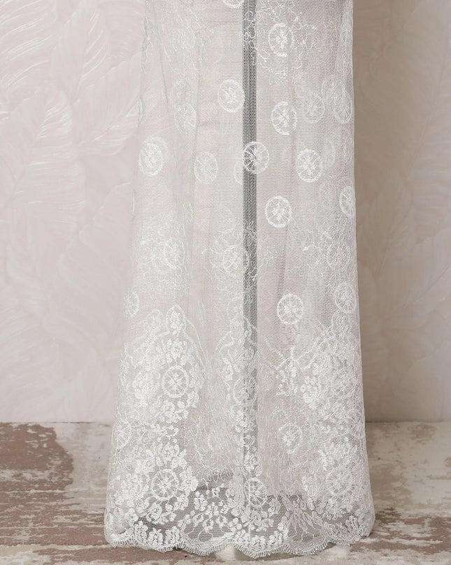 White lace fabric with same tone embroidery in geometric design-D15997 Regal Fabrics