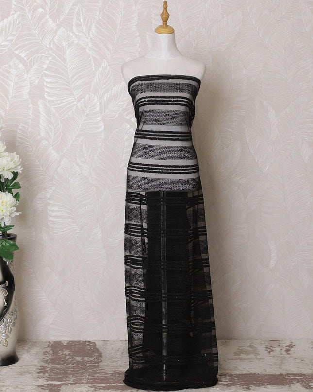 Black nylon tulle fabric with same tone embroidery and sequin work in stripe design-D16000