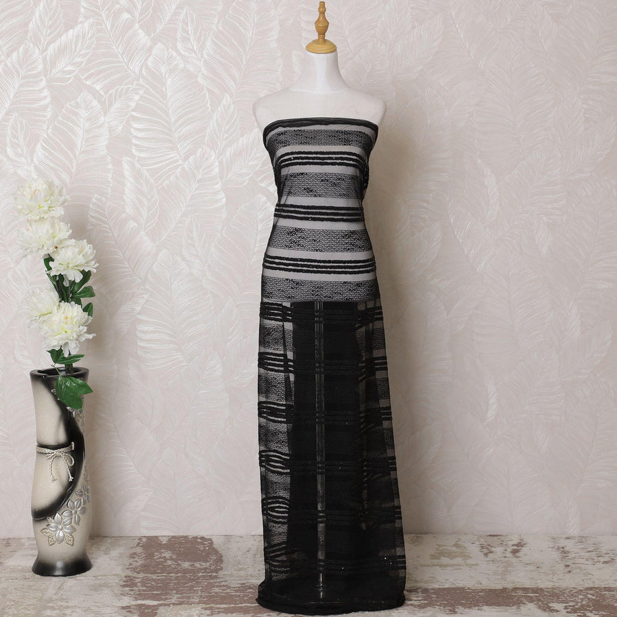 Black nylon tulle fabric with same tone embroidery and sequin work in stripe design-D16000