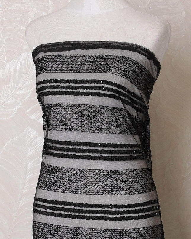 Black nylon tulle fabric with same tone embroidery and sequin work in stripe design-D16000