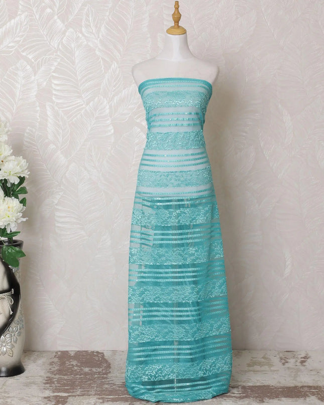 Turquoise blue nylon tulle fabric with same tone embroidery and sequin work in stripe design-D16006 Regal Fabrics
