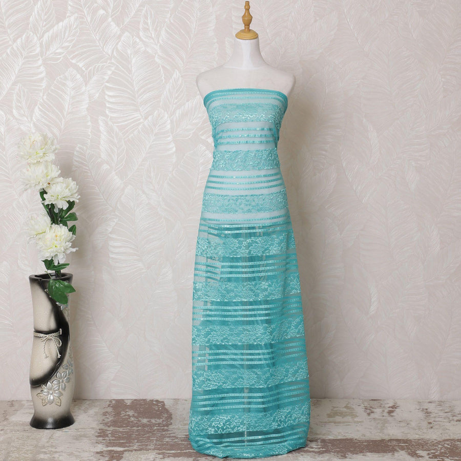 Turquoise blue nylon tulle fabric with same tone embroidery and sequin work in stripe design-D16006