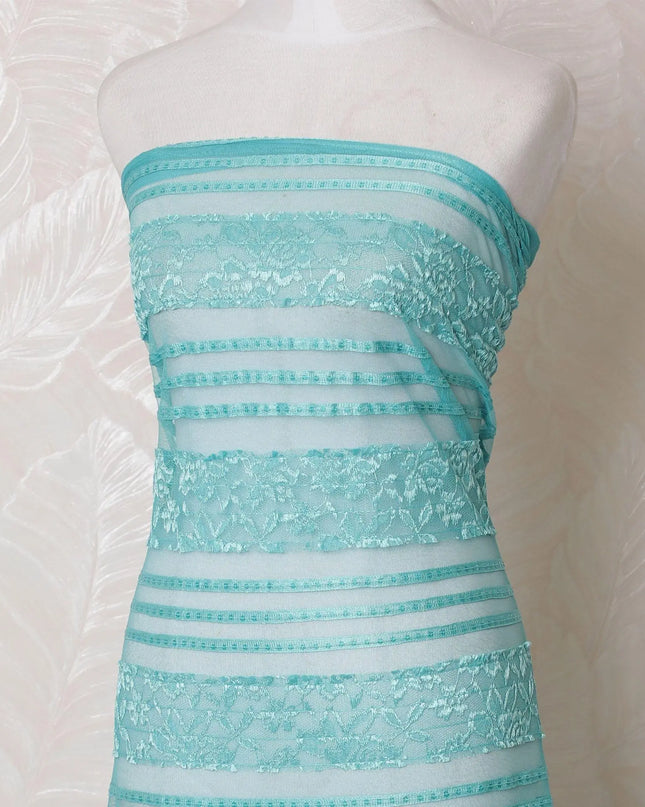 Turquoise blue nylon tulle fabric with same tone embroidery and sequin work in stripe design-D16006 Regal Fabrics