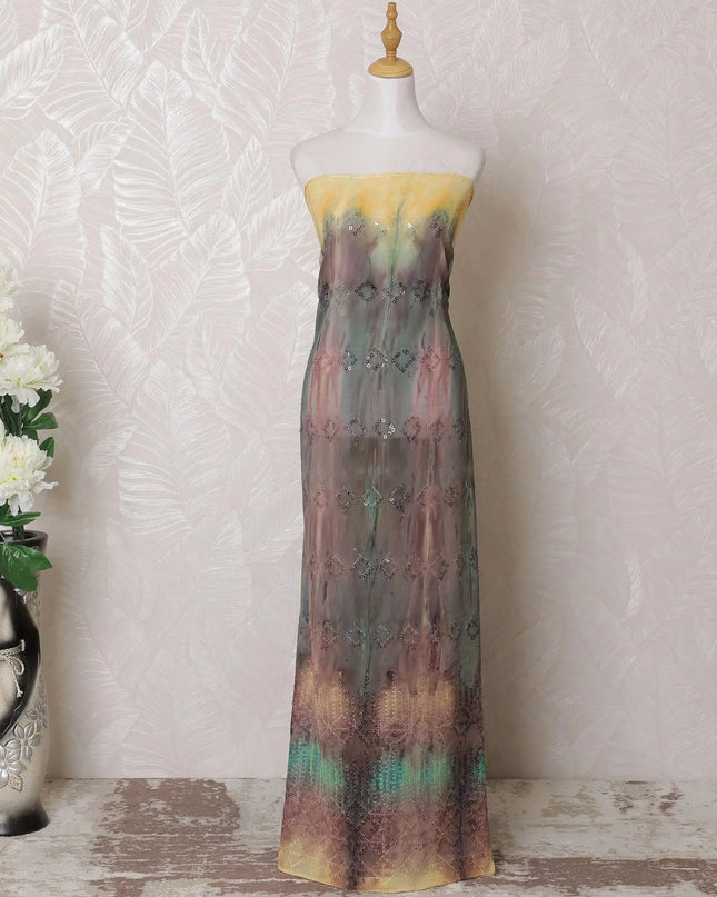 Multicolor synthetic georgette fabric with sequin work in geometric design-D16009 Regal Fabrics