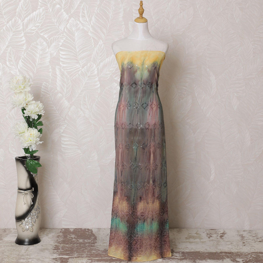 Multicolor synthetic georgette fabric with sequin work in geometric design-D16009