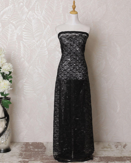 Black nylon tulle fabric with same tone embroidery and sequin work in fancy design-D16012
