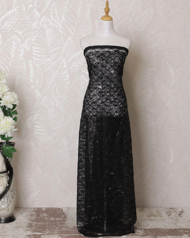 Black nylon tulle fabric with same tone embroidery and sequin work in fancy design-D16012