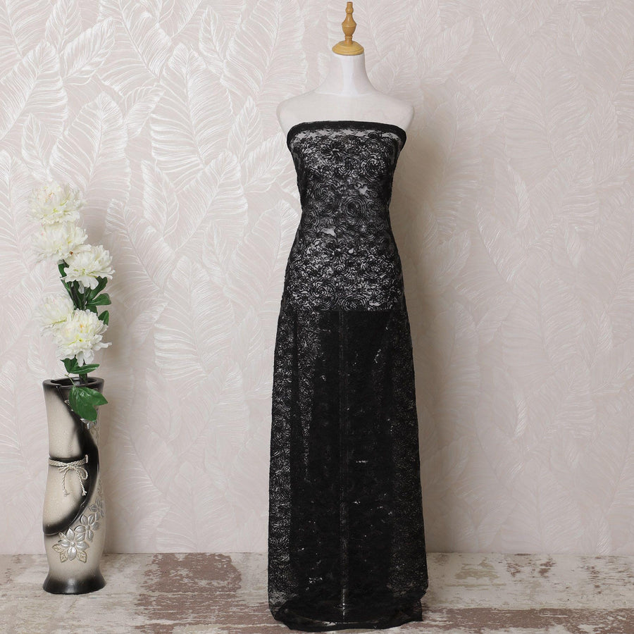 Black nylon tulle fabric with same tone embroidery and sequin work in fancy design-D16012
