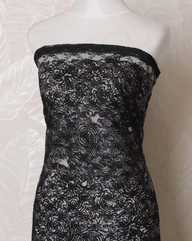 Black nylon tulle fabric with same tone embroidery and sequin work in fancy design-D16012