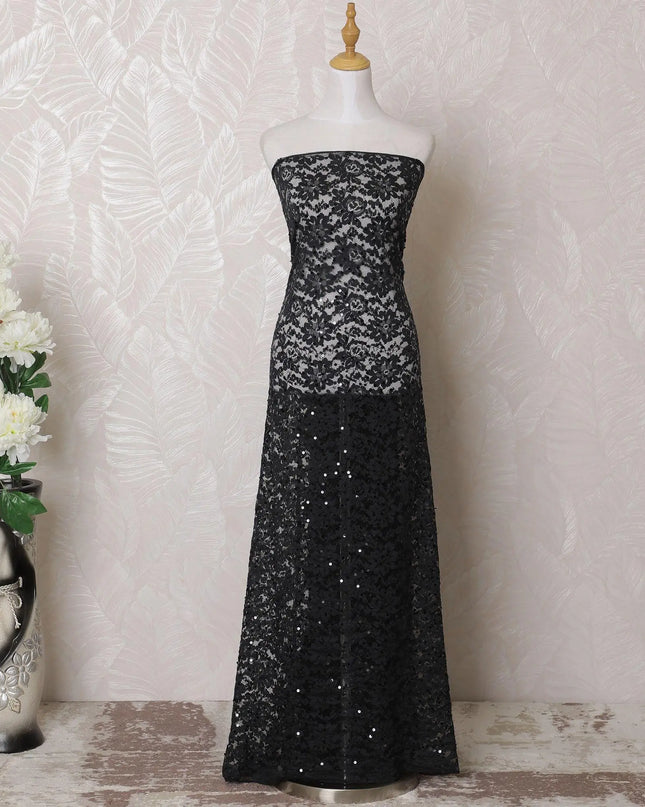 Nave blue lace fabric with same tone embroidery and sequin work in floral design-D16017 Regal Fabrics