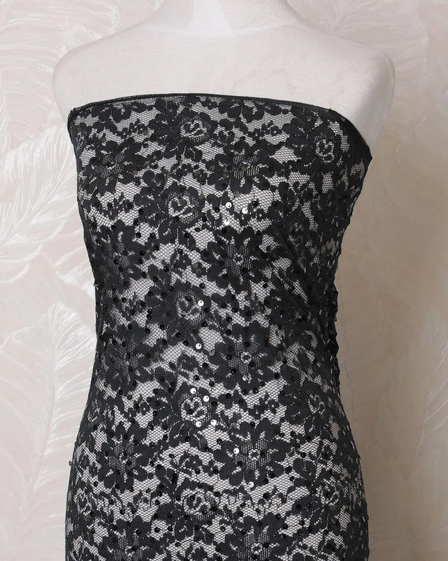 Nave blue lace fabric with same tone embroidery and sequin work in floral design-D16017 Regal Fabrics
