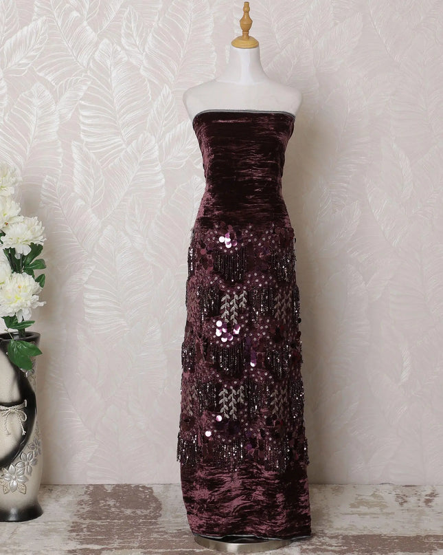 Plum pure silk blended velvet fabric with same tone, gold embroidery and spangles in fancy design-D16041 Regal Fabrics