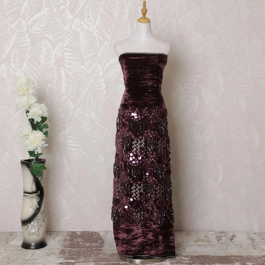 Plum pure silk blended velvet fabric with same tone, gold embroidery and spangles in fancy design-D16041 Regal Fabrics