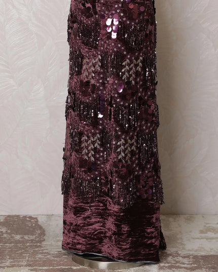 Plum pure silk blended velvet fabric with same tone, gold embroidery and spangles in fancy design-D16041 Regal Fabrics