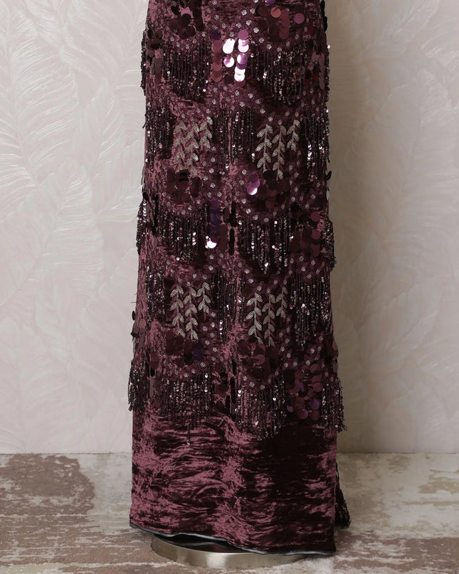 Plum pure silk blended velvet fabric with same tone, gold embroidery and spangles in fancy design-D16041 Regal Fabrics