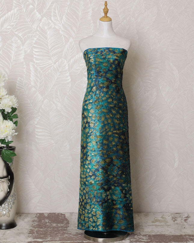 Light teal blue silk blended velvet fabric with gold metallic lurex in fancy design-D16044